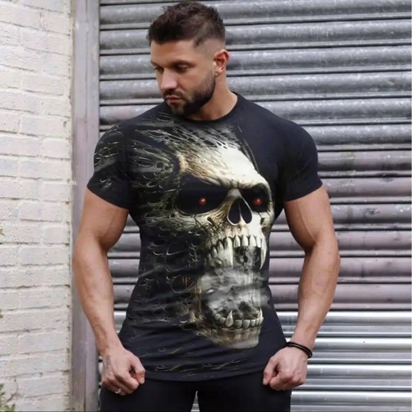 New Horror Skull 3D Printed Retro Casual Short-Sleeved Elastic Breathable Quick- - Picture 2 of 6